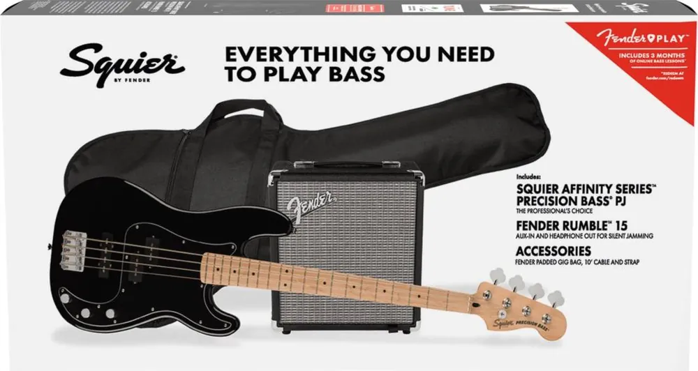 Satisfait Ou Remboursé Squier Affinity PJ Bass Pack w/Rumble 15, Gig Bag - Black