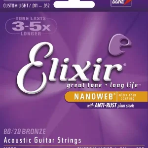 Offre Limitée ELIXIR NANOWEB 11027 JEU CORDES GIT. FOLK / CUSTOM LIGHT 11-52