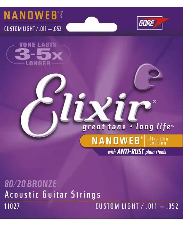 Offre Limitée ELIXIR NANOWEB 11027 JEU CORDES GIT. FOLK / CUSTOM LIGHT 11-52