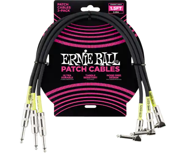 Dernière Chance CABLES INSTRUMENT PATCH PACK DE 3 - DROIT/COUDÉ - 46CM NOIR