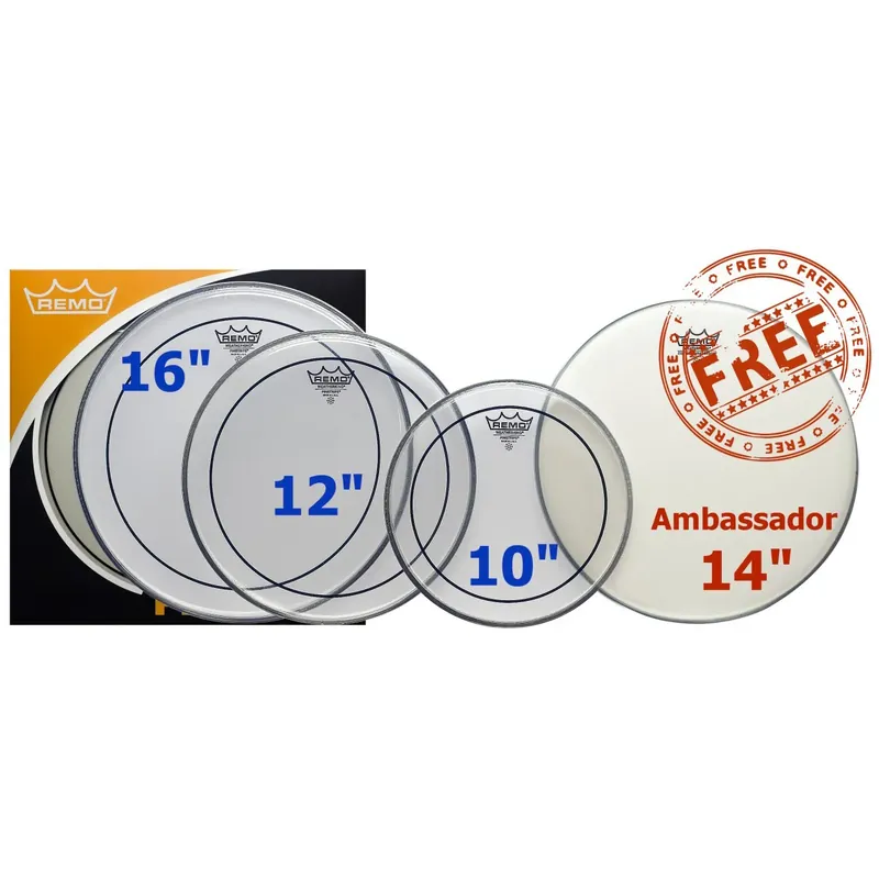 REMO Pack Pinstripe 10"/12"/16" Clear + Ambassador 14" Coated Certifié